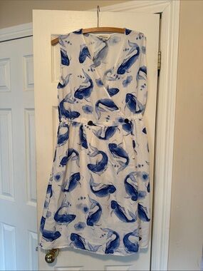 Blue Koi Print Wrap-Front Women's Dress